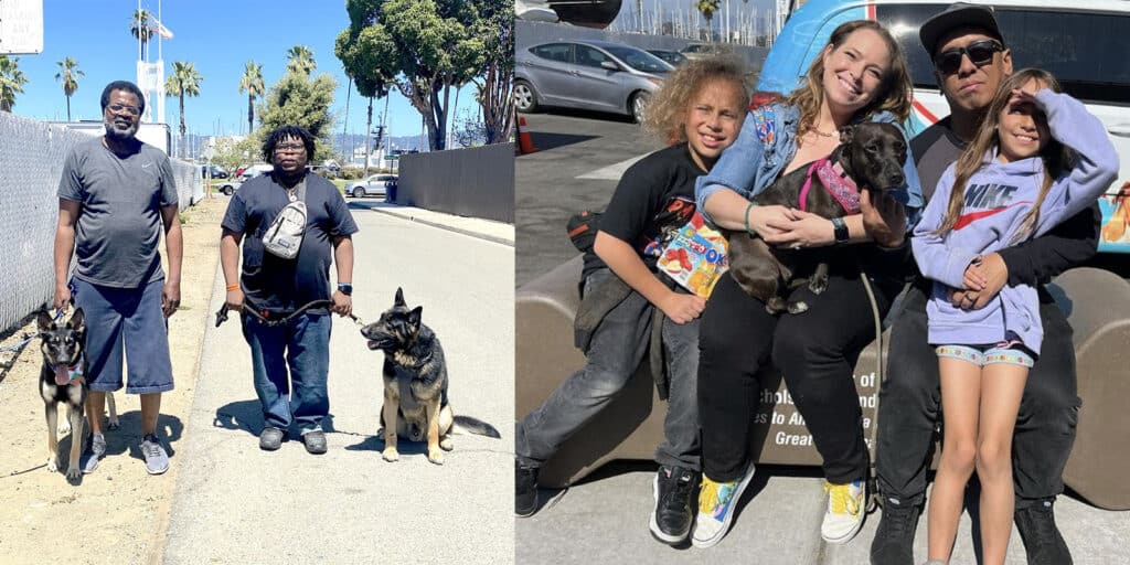 Alameda Post - left photo of a couple each holding the leash of a german shepherd dog, and right photo of two adults and two children together holding a dog