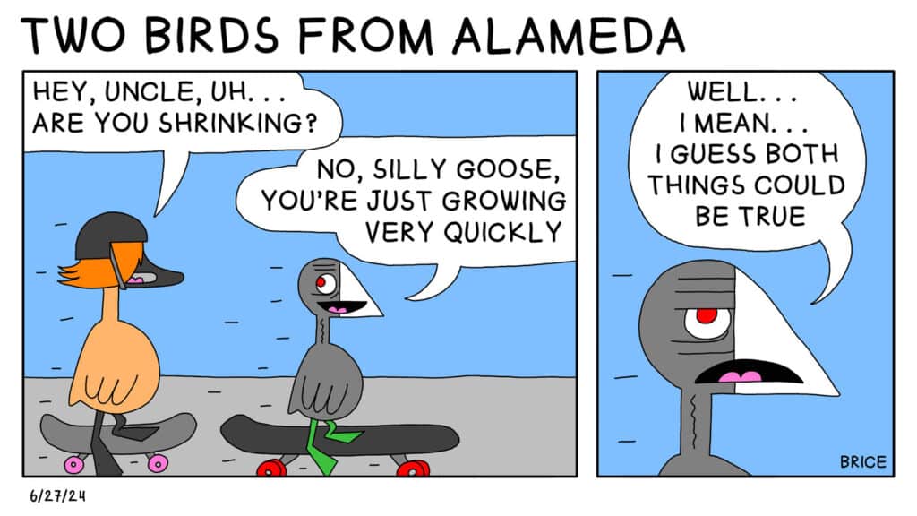 Alameda Post - Two Birds from Alameda for June 27, 2024. First panel: A teenage bird rides a skateboard and says, "Hey Uncle, uh... Are you shrinking?" Old Coot, who is riding next to them on another skateboard, says, "No, silly goose. You're just growing very quickly." Second panel: Old Coot squints their eyes and says, "Well... I mean... I guess both things could be true."