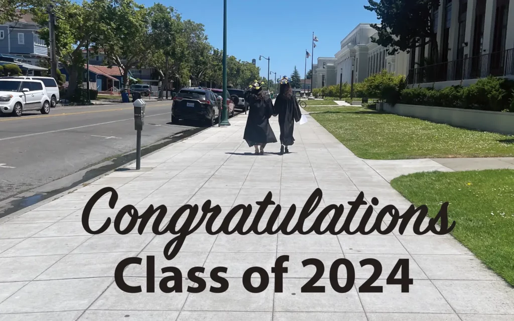 Alameda Post - two recent graduates walking on a sidewalk, with the text "Congratulations Class of 2024" superimposed