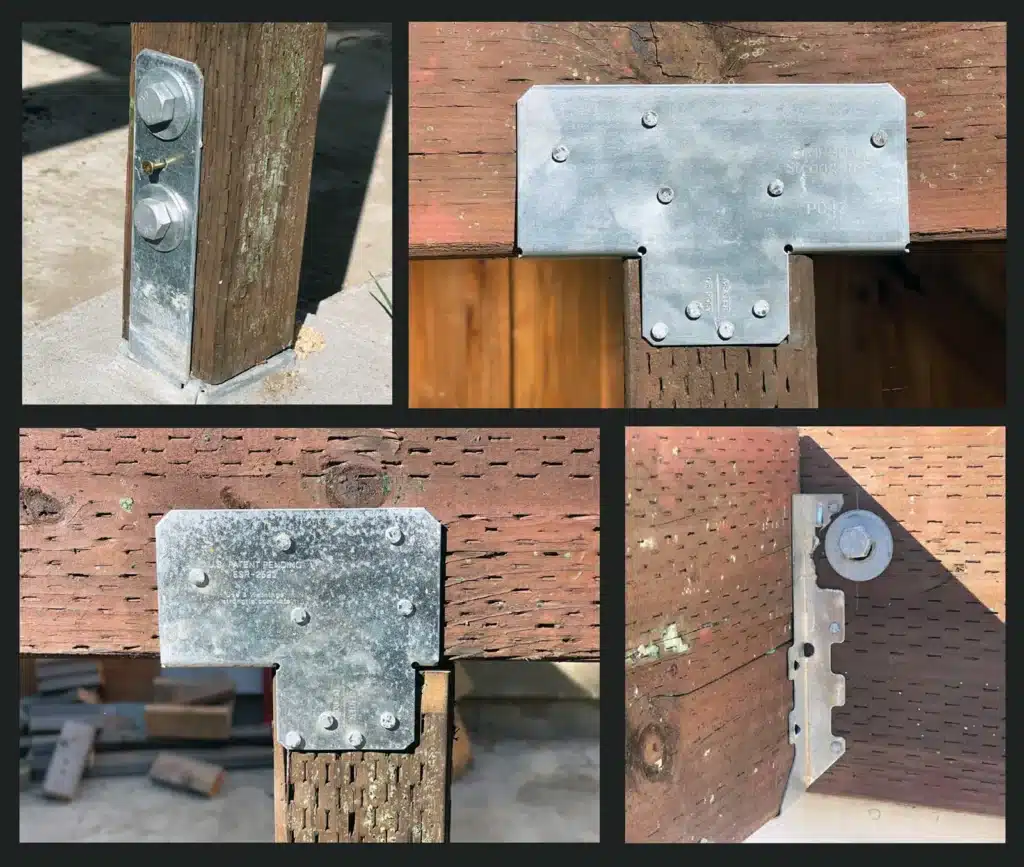 Alameda Post - several close up views of metal brackets securing pieces of lumber together.