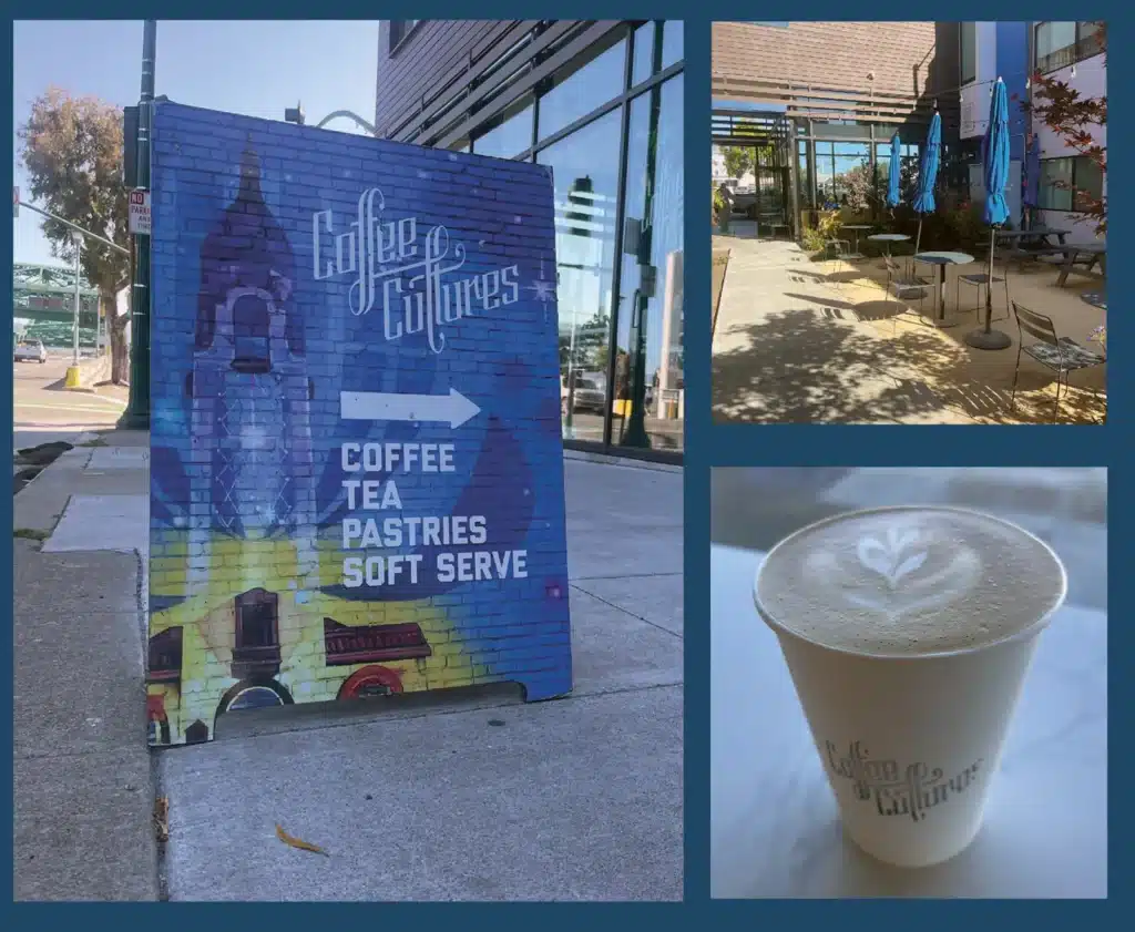 Alameda Post - a collage of the Coffee Cultures sign, their outdoor seating area, and a coffee drink