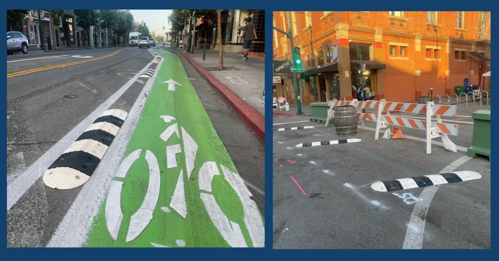 Alameda Post - small zebra-striped speed bumps installed along the bike lane and blocking off the end of Alameda Avenue at Park Street
