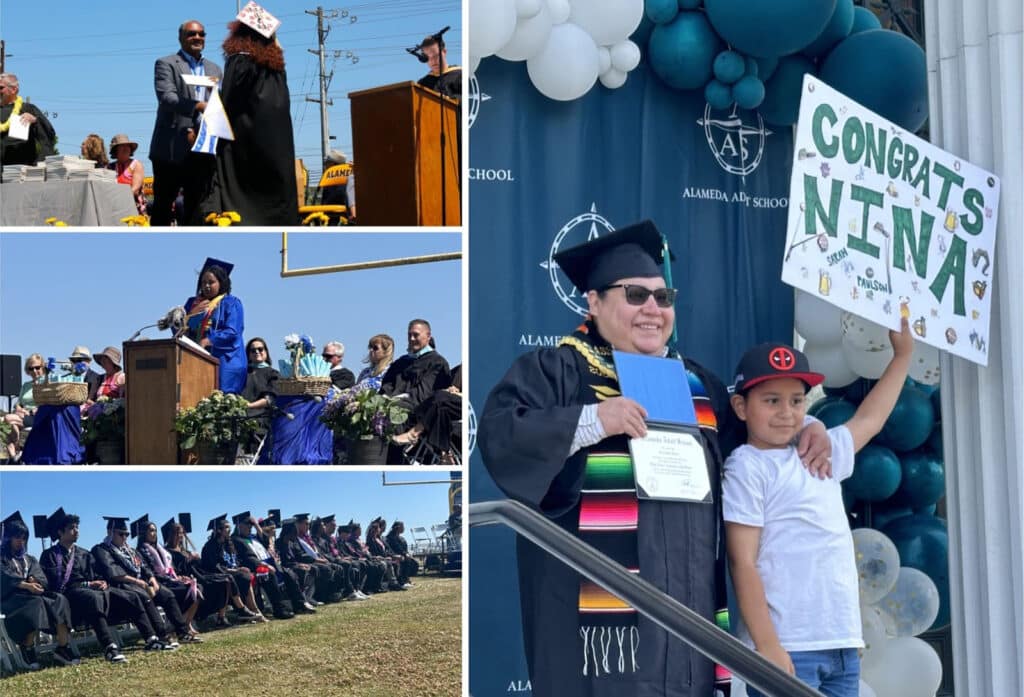 Alameda Post - a collage of AUSD graduates in their regalia and receiving diplomas and congratulations 
