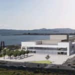 Alameda Post - a render of what the Performing Arts Center at Alameda Point could look like. It's a large, clean, modern-looking building with white walls and large windows