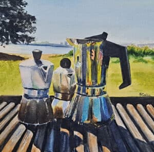 Alameda Post - A water color painting of coffee makers on a wooden table on a grassy beach. 