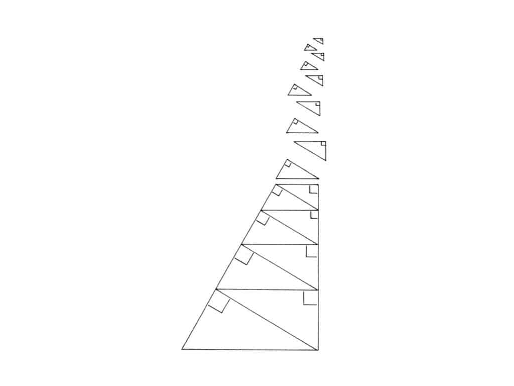 Alameda Post - an image of a stack of right triangles. Eight right triangles are stacked on top of one another, wedging together. Above the stack of eight, ten more right triangles continue the pattern but are separated from one another, floating one on top of the other. The bottom triangle at the base of the stack appears largest, and the top floating triangle appears smallest 