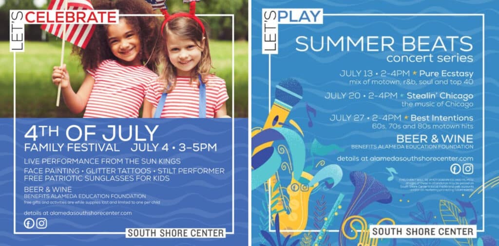 Alameda Post - posters for South Shore Center events including the 4th of July family festival and summer concerts