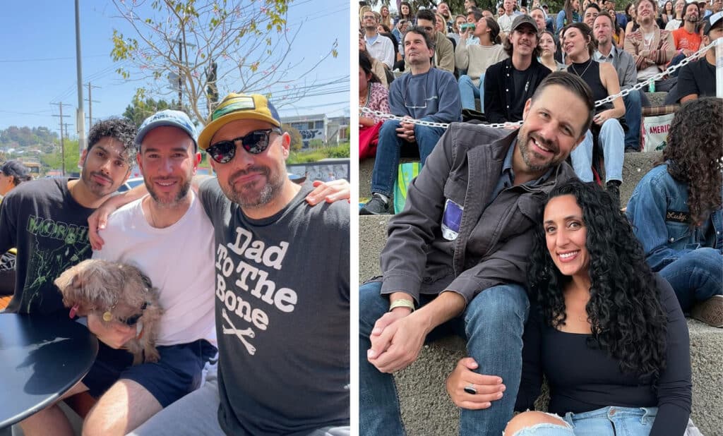 Alameda Post - in one photo, Shawn Smith sits with two friends. In another, Shawn and his wife lean into each other and smile at the camera in a crowd