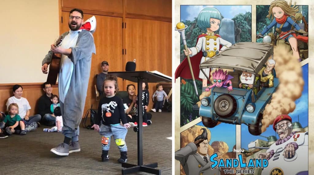 Alameda Post - in one photo, Shawn stands at the front of a room in a shark costume, playing the guitar. A young boy toddles next to him. Next to the photo is a poster for Sand Land