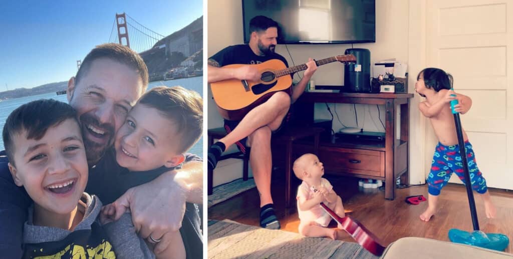 Alameda Post - in one photo, a man hugs his sons in a selfie with the Golden Gate Bridge behind them. In another, two young boys play in a living room white their dad plays the guitar 