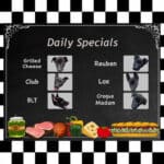 Alameda Post - a whimsical cartoon menu board with photos of six German shepherd puppies, all named after sandwiches