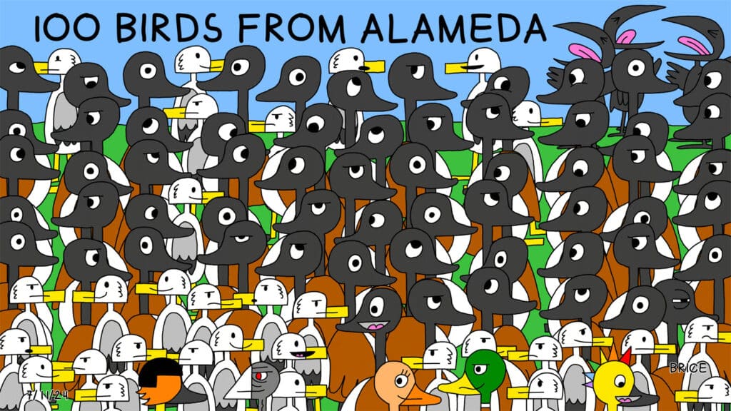 Alameda Post - Two Birds from Alameda for July 11, 2024: In one large panel, a huge number of birds of all different varieties crowd together. The top says, "100 Birds from Alameda."