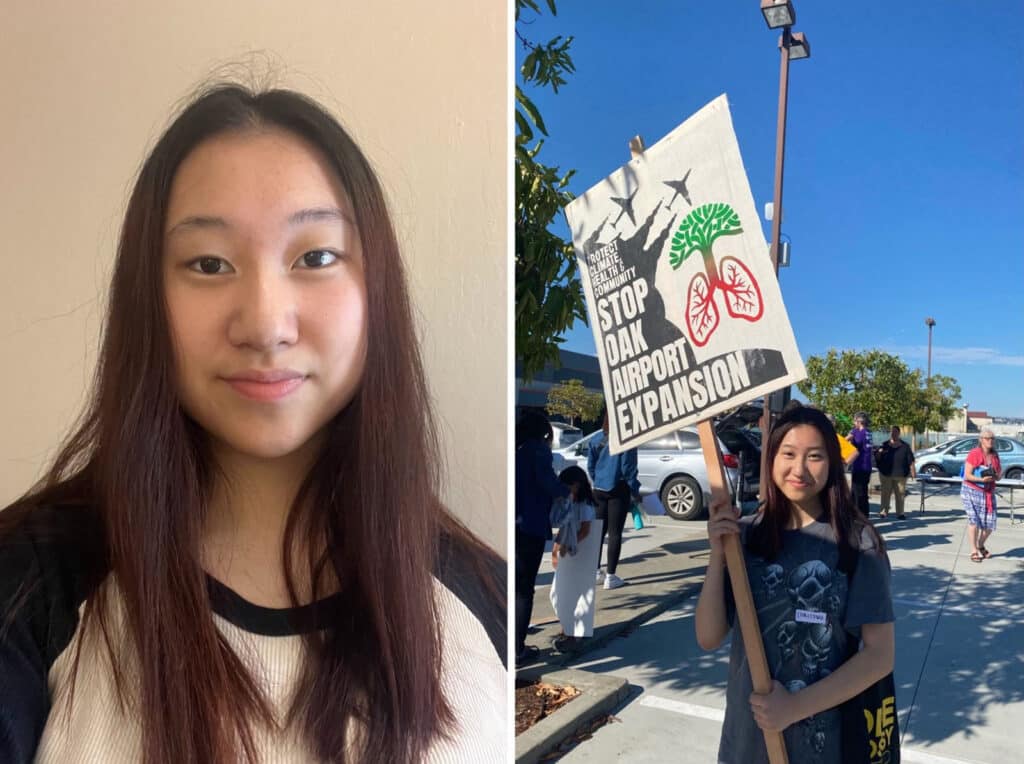 Alameda Post - a headshot of Christine Choi and a photo of Christine holding a sign that says "Stop OAK Airport Expansion."