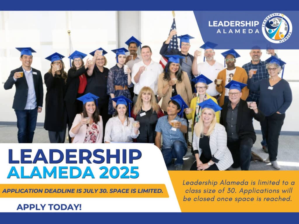 Alameda Post - the poster for Leadership Alameda 2025. A smiling graduating class from a previous year wears graduation caps. Application deadline is July 30. 