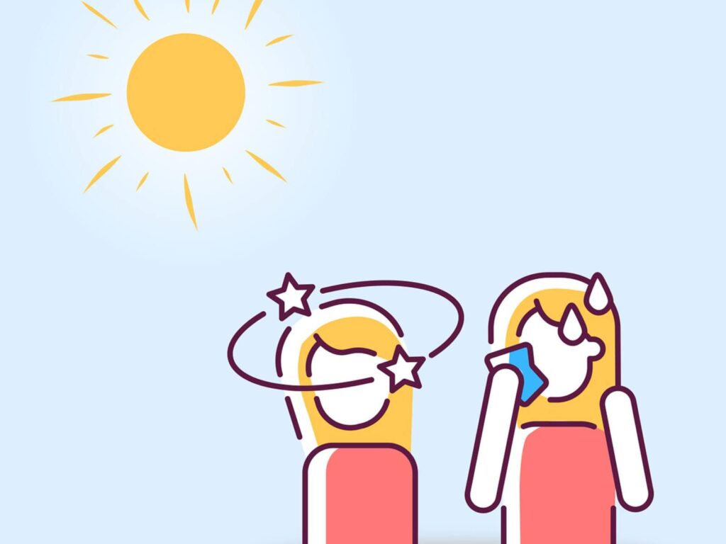 Alameda Post - a drawing of a bright sun and two women suffering from dehydration. One has stars around her head, and the other is sweating