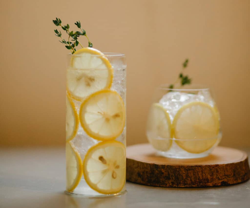 Alameda Post - a glass of ice water with lemon and herbs