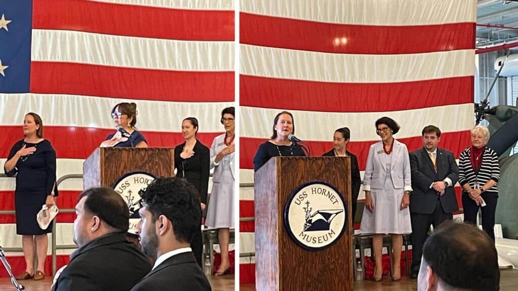 Alameda Post - two photos of people onstage at the USS Hornet with a huge American flag as a backdrop 