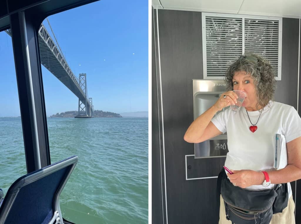 Alameda Post - a view out of a ferry under the Bay Bridge, and photo of a woman drinking a glass of water from a water dispenser