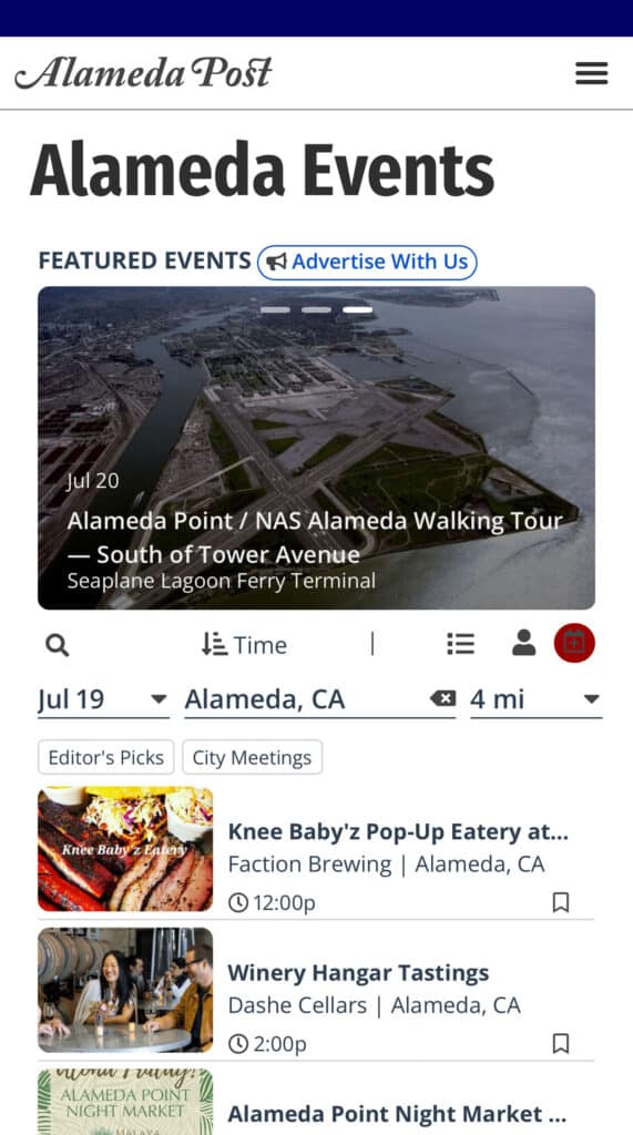 Alameda Post - the mobile view of the new Alameda Post events calendar