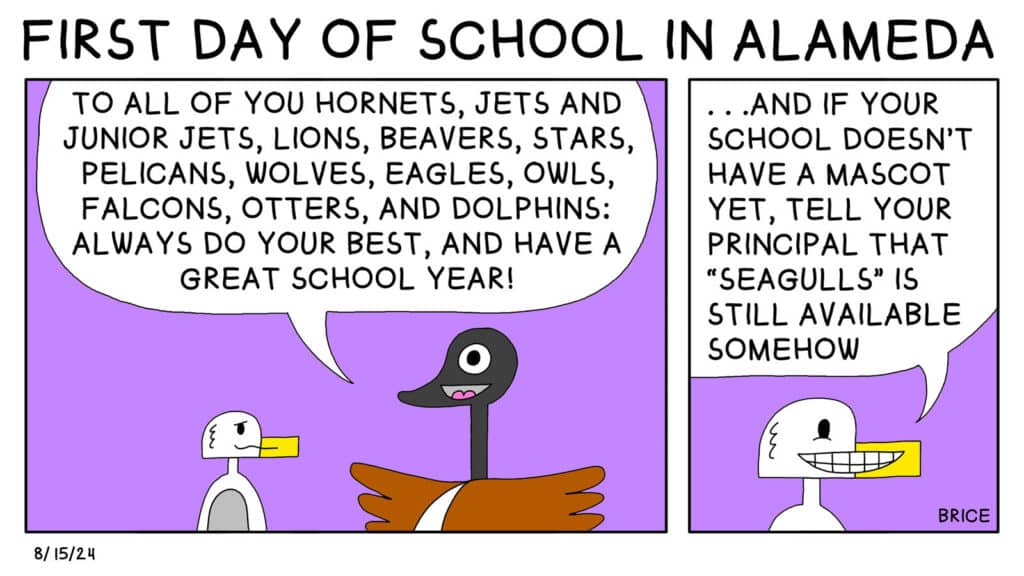 Alameda Post - Two Birds from Alameda for August 15, 2024 - Panel 1: Goose spreads their wings wide while talking next to Seagull and says, "To all of you Hornets, Jets and Junior Jets, Lions, Beavers, Stars, Pelicans, Wolves, Eagles, Owls, Falcons, Otters, and Dolphins: Always do your best, and have a great school year!" Panel 2: Seagull grins and says, "... And if your school doesn't have a mascot yet, tell your principal that "Seagulls" is still available somehow."