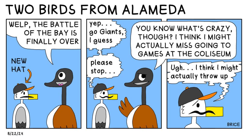 Alameda Post - Two Birds from Alameda for August 22, 2024. First panel: Seagull is wearing a baseball style hat, and an arrow points towards it with the words "New Hat" above. Seagull looks concerned. Goose stands next to them and says, "Welp, the battle of the Bay is finally over." Second panel: Seagull looks nervous and thinks, "Yep... go Giants, I guess." Goose says, "You know what's crazy, though? I think I might actually miss going to games at the coliseum." Seagull thinks, "Please stop..." Third panel: Seagull continues thinking, "Ugh... I think I might actually throw up."
