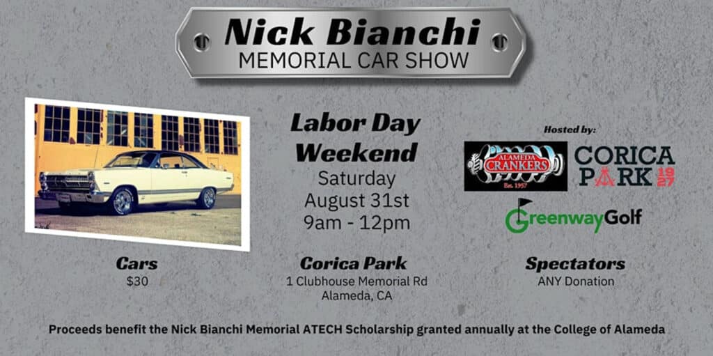 Alameda Post - a poster for the Nick Bianchi Memorial Car Show on Saturday August 31