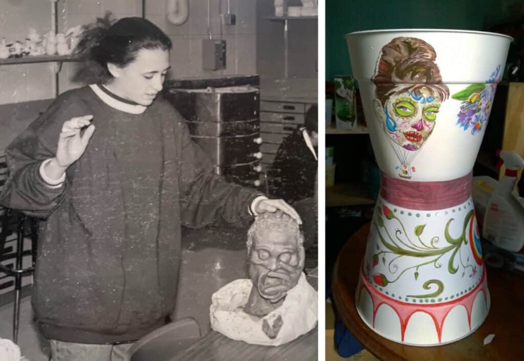 Alameda Post - a black and white photo of Kari Warfield in a classroom with a sculpture, and a color photo of a brightly colored Day of the Dead flower pot