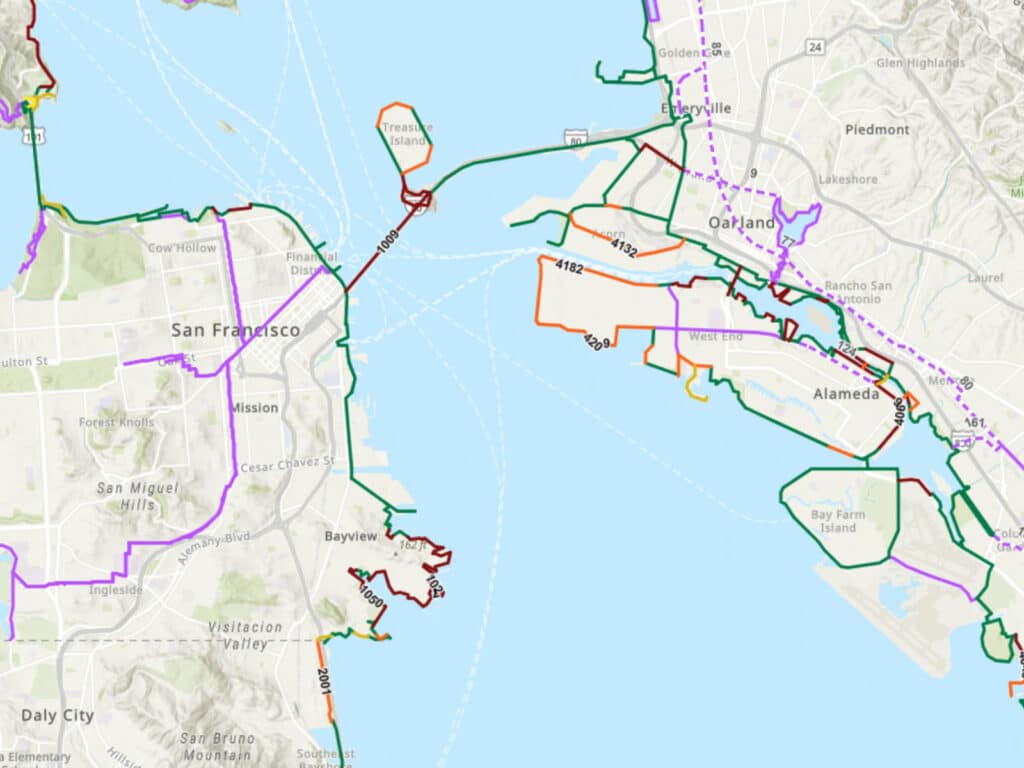Alameda Post - a map of the Bay Area with lots of different colored lines indicating the Bay Trail in different stages of completion and plans