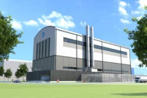 Alameda Post - a rendered image of a tall industrial looking building that will house Hermes