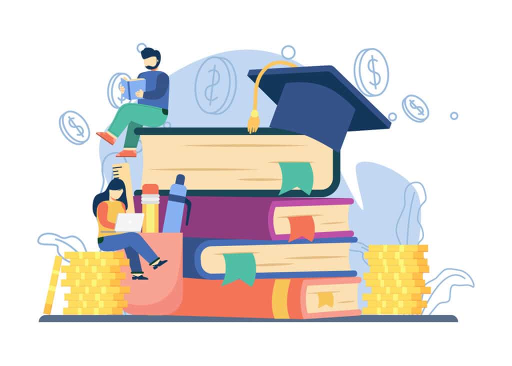 Alameda Post - an illustration with students sitting on top of books and money with a graduation hat