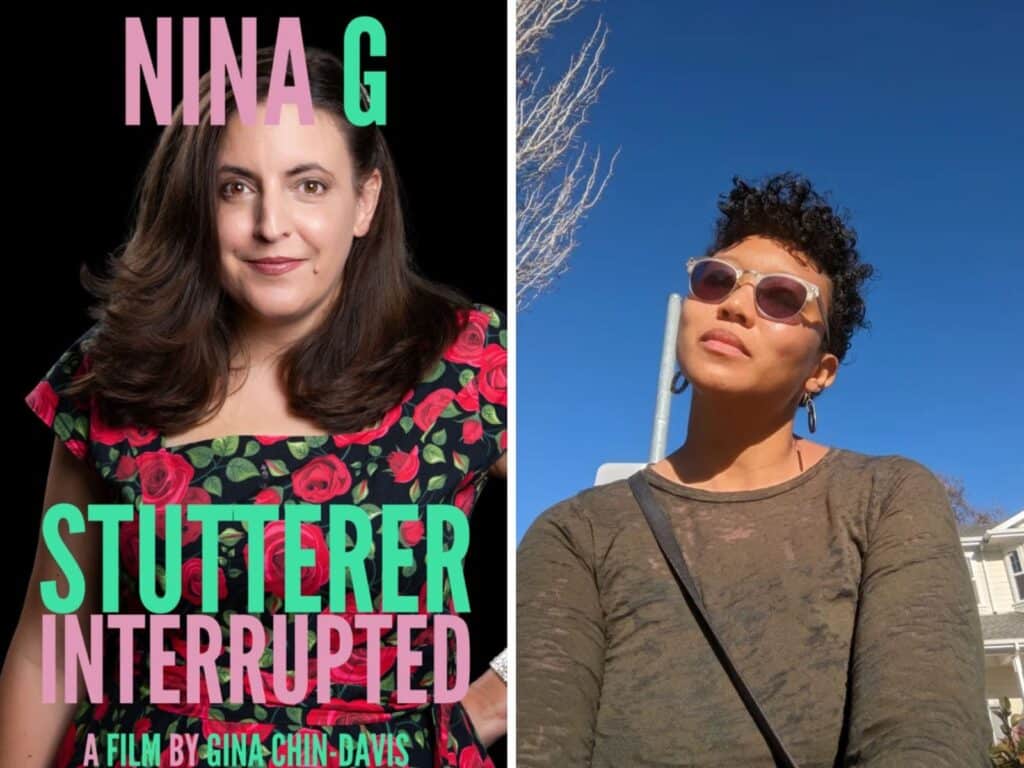 Alameda Post - the poster for Nina G's Stutterer Interrupted and a photo of Gina Chin