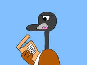 Alameda Post - Goose from Two Birds from Alameda holds a ripped package