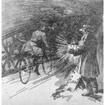 Alameda Post - a sketch of a woman riding a bike over a bridge while a man holds a lantern and looks on
