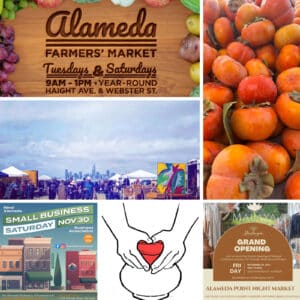 Alameda Post - a collage of events in Alameda this week, including the Alameda Antiques Fair, the Alameda Farmers Market, the Alameda Night Market, Small Business Saturday, and a logo for Alameda Pots