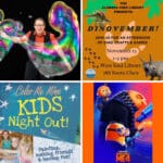 Alameda Post -a collage of the posters for Dinovember, Kids Night Out, Despicable Me 4, and The Amazing Bubble Man