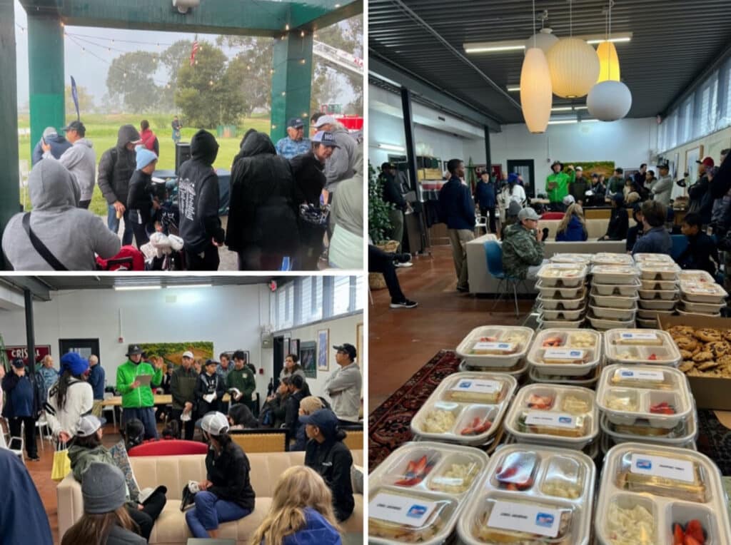 Alameda Post - a photo of people standing in the rain, a photo of people gathered in an indoor clubhouse room, an a photo of a lunch table