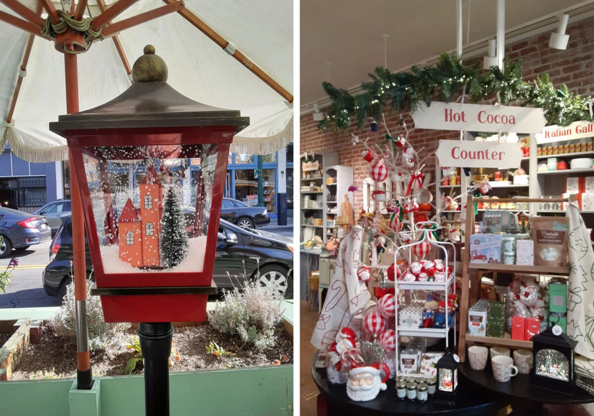 Alameda Post - an artistic street lamp outside that appears to be a snow globe with a small winter scene inside it, and a photo of a Hot Cocoa Counter display