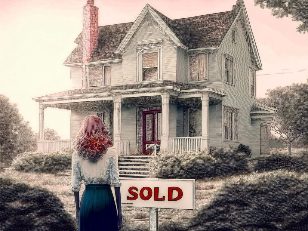 Alameda Post - an Ai generated image of a red headed woman standing in front of a house with a sold sign in the front yard