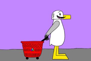 Alameda Post - Seagull from Two Birds from Alameda stands and pulls a small shopping basket behind them