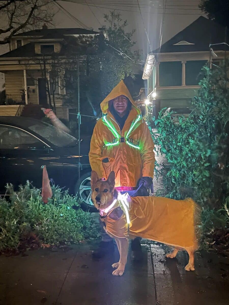 Alameda Post - Mouf the dog and his human companion wearing raincoats