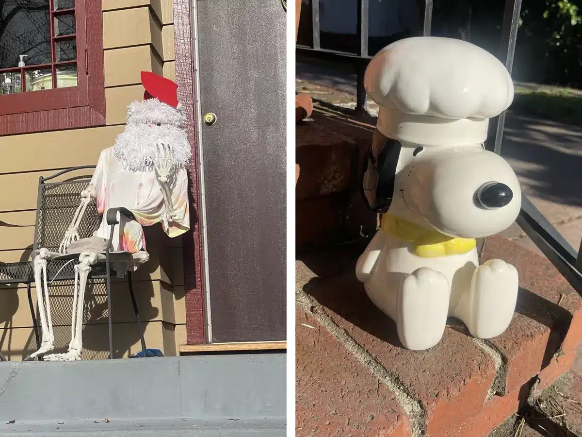 Alameda Post - a Halloween skeleton repurposed as a Santa Christmas decoration and a Snoopy decoration