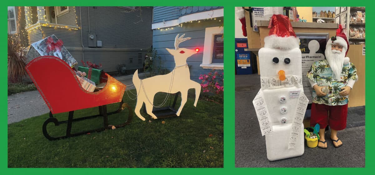 Alameda Post - a sleight and reindeer as outdoor decor, and a clever decoration inside of CVS of a snowman make of cooler boxes with a receipt as a scarft