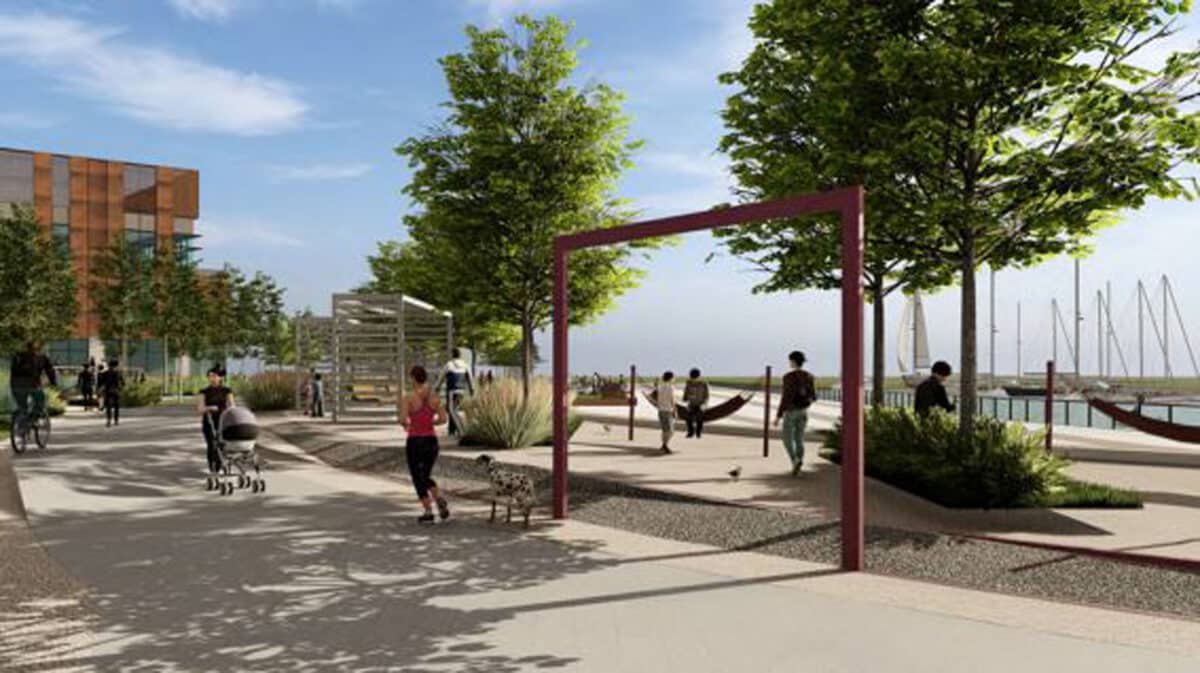 Alameda Post - a render of a public park and trail area near the proposed Wind River life science building