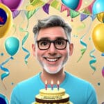 Alameda Post - a graphic of Alameda Post publisher Adam Gillitt holding a birthday cake, with balloons in the background