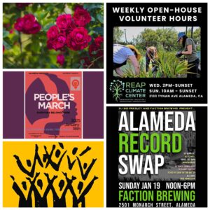 Alameda Post - a collage of events in Alameda this week, including the Alameda Record Swap, Alameda People's March, and REAP Climate Center Open Hours