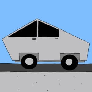 Alameda Post - A cartoon of a Tesla CyberTRUKK from Two Birds from Alameda for January 23, 2025 by Brice.