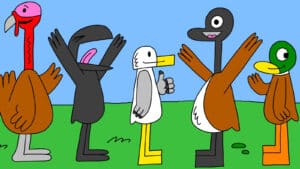 Alameda Post - five birds from the comic Two Birds from Alameda stand together on a lawn. They include Goose, Seagull, a duck, a crow, and a Turkey.