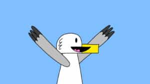 Alameda Post - Seagull from Two Birds from Alameda raises their wings into the air and smils