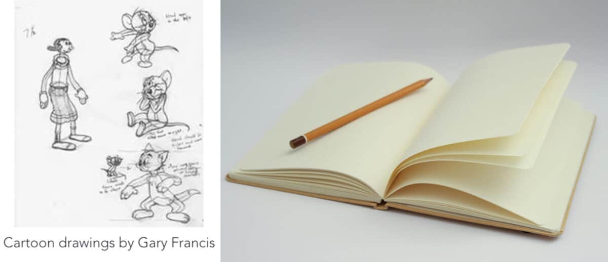 Alameda Post - sketches of classic cartoons, and a sketchbook with a pencil