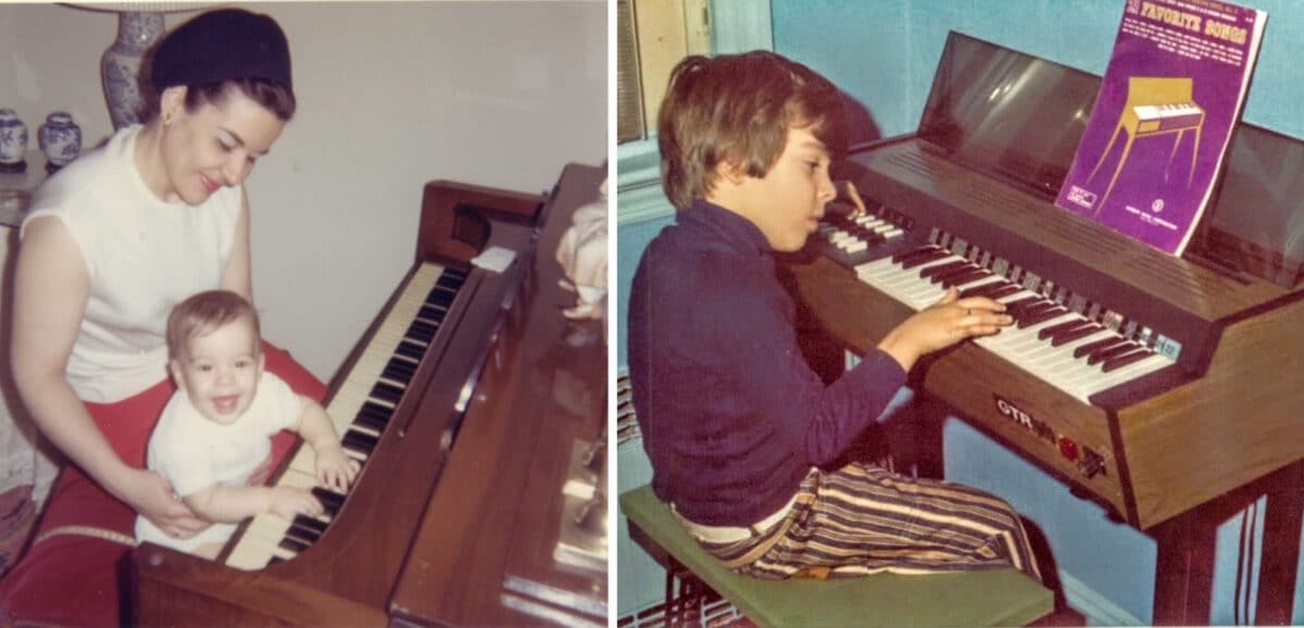 Alameda Post - a young Armando Fox plays the piano, and an even younger Armanda as a baby sits on a woman's lap at the piano